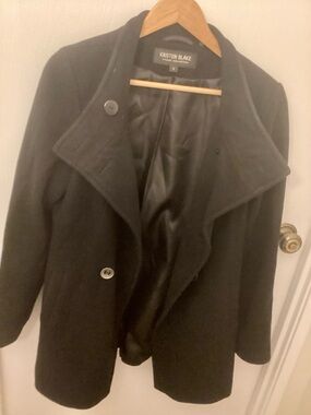 Kristen Blake Black Wool-Blend Pea Coat with Wide Collar